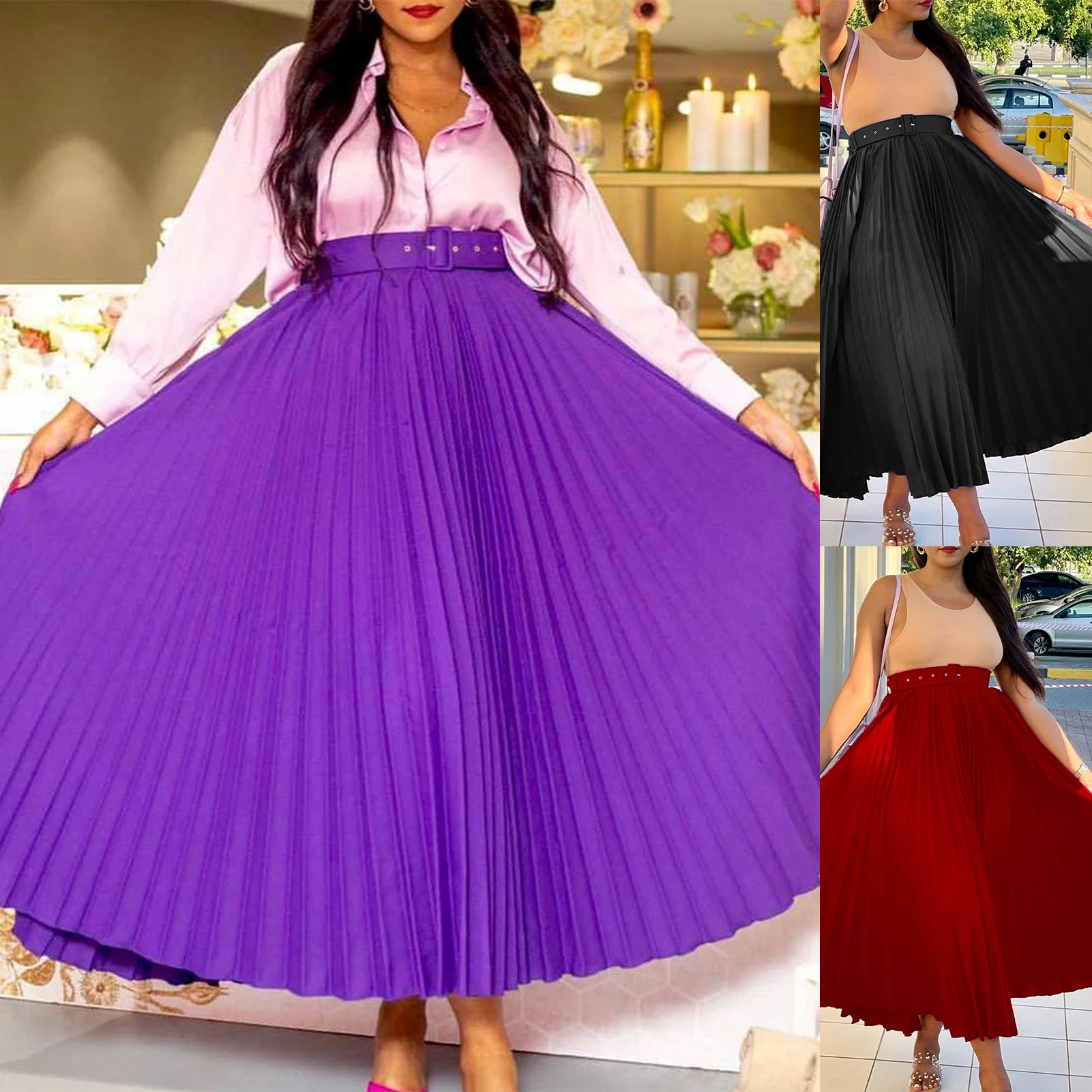 

Женская эластичная юбка с высокой талией и поясом, элегантная плиссированная длинная юбка, Однотонная юбка с широкой юбкой, Повседневное платье для поездок