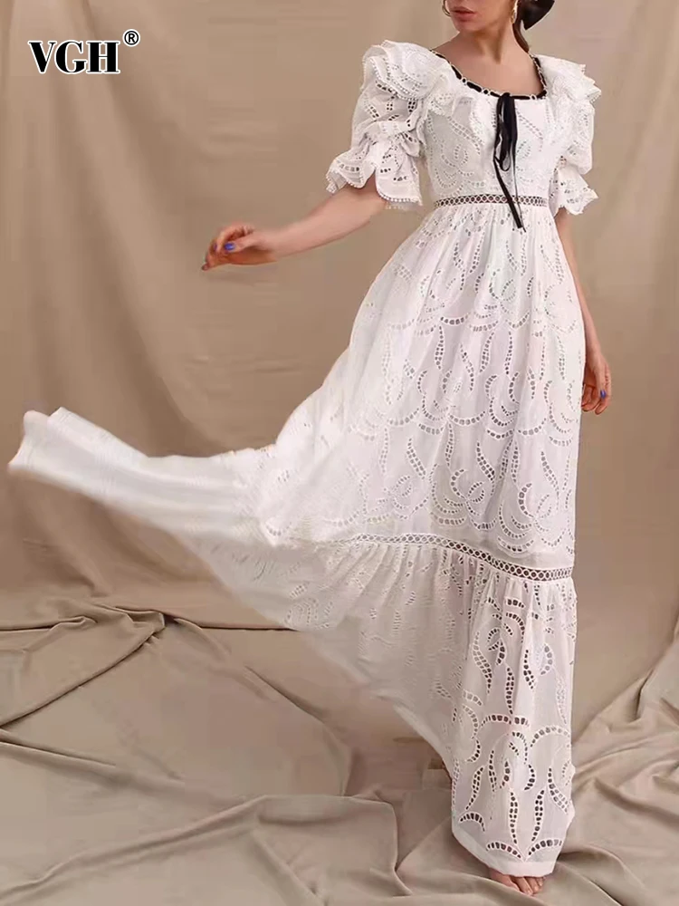 

VGH Casual Plain Dress For Women Round Neck Short Butterfly Sleeve Lace Up High Waist Midi Dresses Female 2022 Summer Clothing