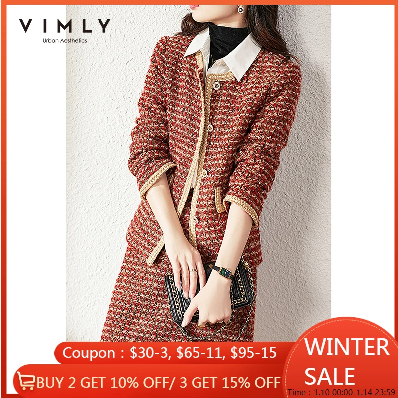 

Зимний короткий Блейзер VIMLY, элегантный офисный твидовый пиджак с лацканами и высокой талией, трапециевидная мини-юбка в стиле ретро, Женски...