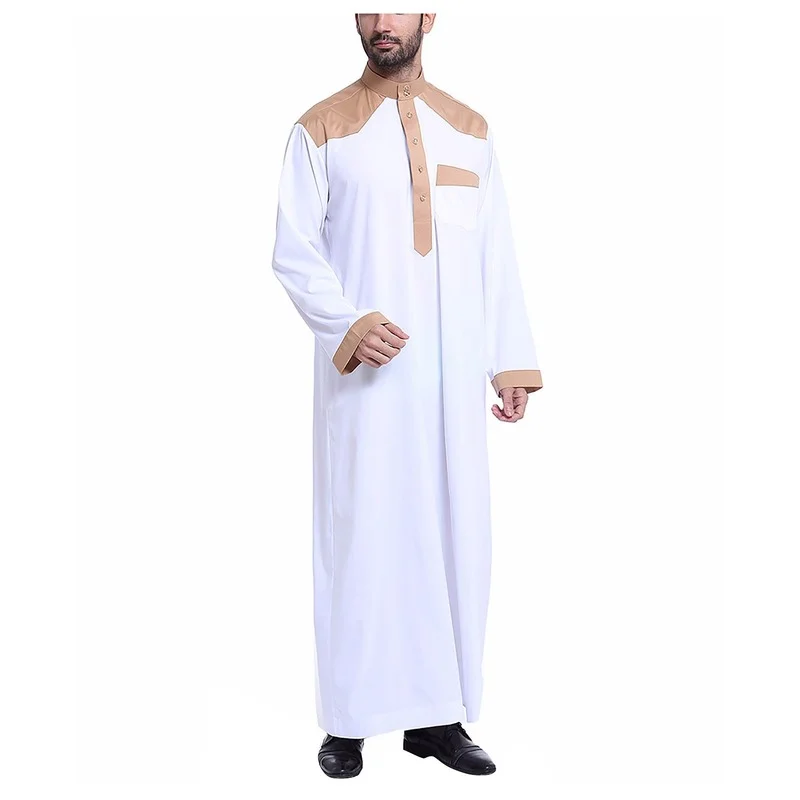 Mens Muslim Clothes Jubba Thobe Long Sleeve Stand Neck Casual Saudi Arabia Men Robes Abaya Dubai Thobe Arabic Islamic Kaftan
