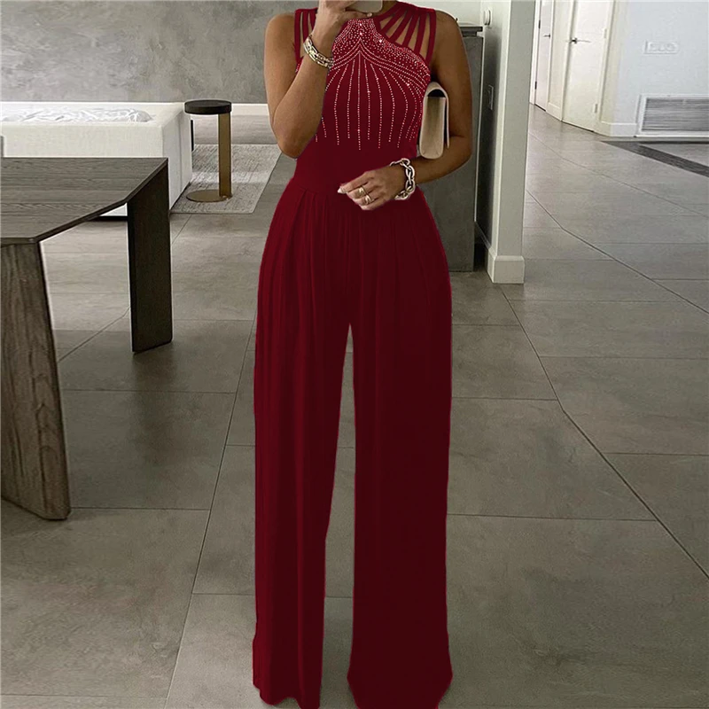 

Summer Women Jumpsuit Office Lady Fashion Elegant Bodysuit Romper Sleeveless Streetwear Wide Leg Hollow Out Female Playsuit 2022