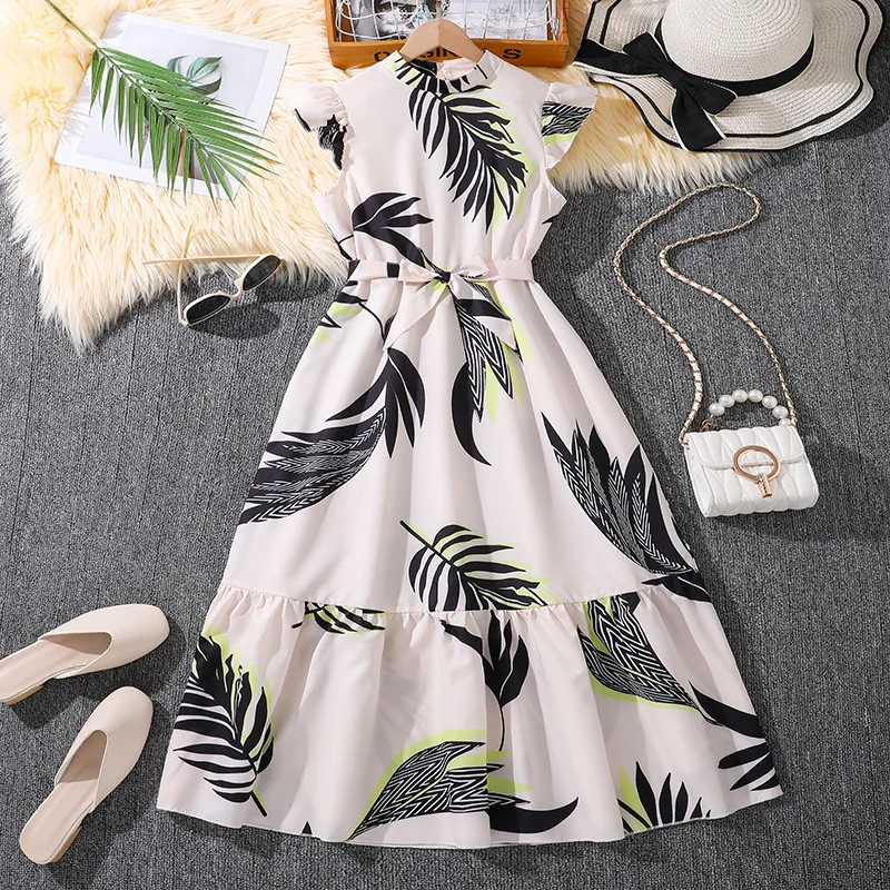 Новое поступление 2024 бежевое платье без рукавов с оборками и принтом листьев для