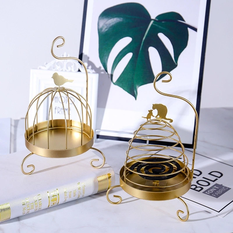 

Bird Cage Cat Mosquito Coil Holder Wrought Iron Metal Stand Ornament for Home Bedroom Office Decoration Shelf