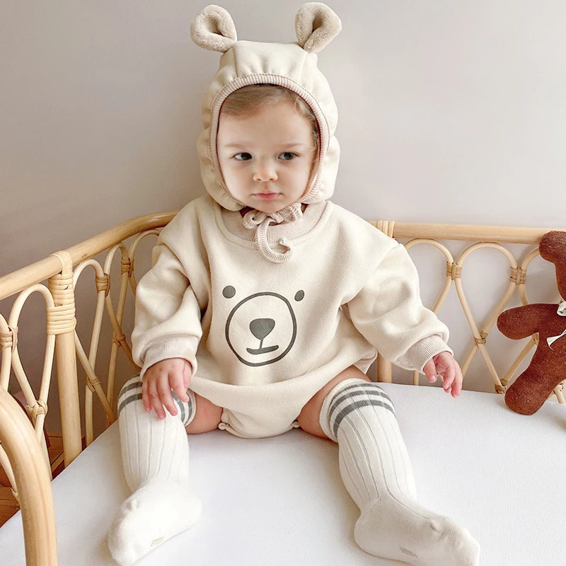 Baby Onesie Thickened Autumn And Winter Clothing Fleece Cute Bear Cartoon Plus Velvet Male And Female Baby Newborn Hoodie Baby C