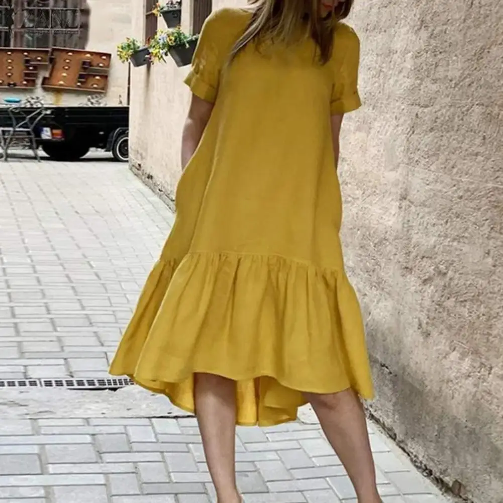 

Midi Dresses for Women 2022 Solid Color O Neck Short Sleeve Ruffle Big Hem Summer Dress Women Daily Clothes robe femme
