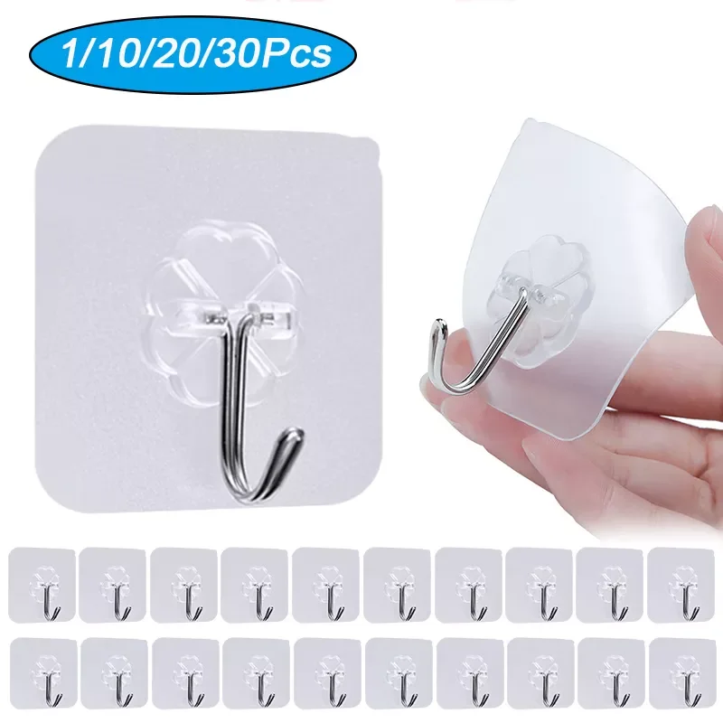 

1-30Pcs Transparent Hooks For Bathroom Self-Adhesive Door Wall Hook Hanger Suction Coat Rack Garlands Towel Hook Hangers On Wall