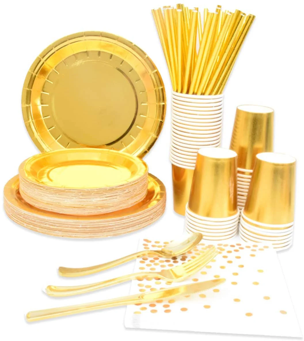 

Gold Theme Birthday Decoration Disposable Cutlery Set Tissue Paper Plate Paper Cup Baby Shower Wedding Party Decoration
