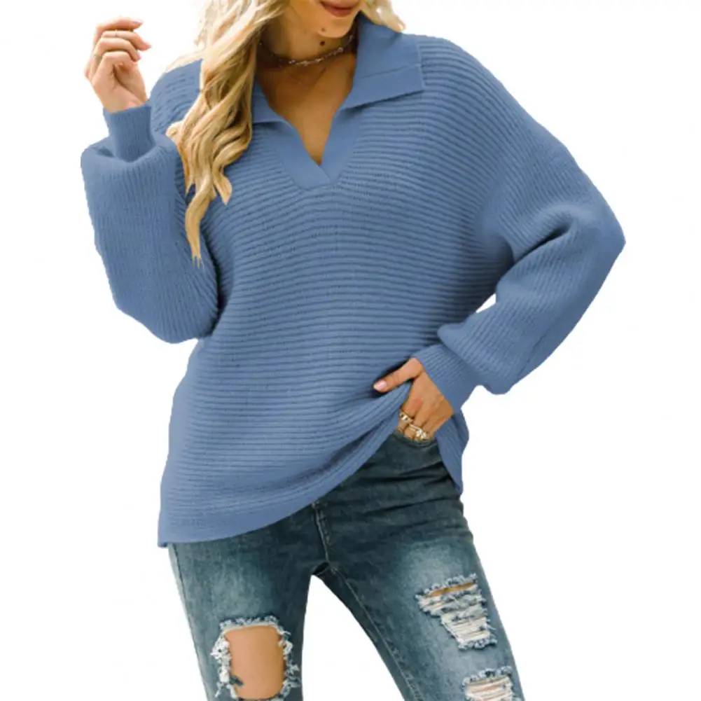 

Женский трикотажный свитер с лацканами, однотонный свободный джемпер с V-образным вырезом, длинными рукавами и манжетами в рубчик на осень и...