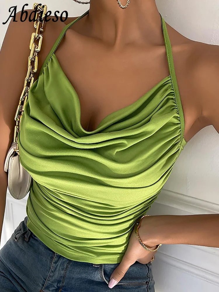 

Abdieso Y2k Green Backless Sexy Summer Crop Top Women Sleeveless 2022 Ruched Halter Neck Casual Party Tank Tops Streetwear Black