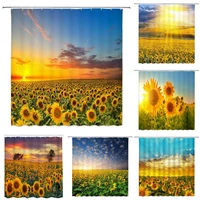 rustic sunflower field shower curtain flower sea plant green leaves nature rural scenery sunrise pink cloud fabric bath curtains