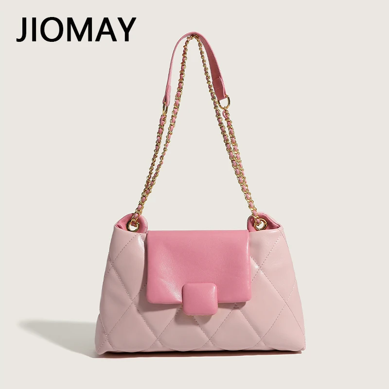 

JIOMAY PU Leather Shoulder Bag for Women 2023 Fashion Designer Handbag Ladies Cute Contrast Color Diamond Lattice Chain Flap Bag