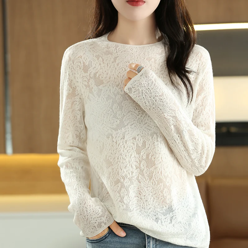 

Spring And Summer Women's 100% Fine Wool Pullover Thin Sweater Hollowed-Out Silver Silk Long-Sleeve Soft Knitting Fashion Top