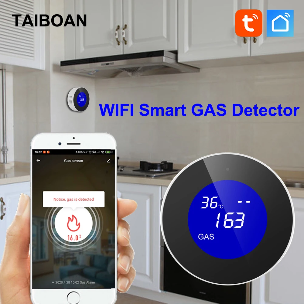 Smart Tuya Wifi Natural Gas Alarm Sensor With temperature function Combustible Gas Leak Detector LCD Display Smart Life App