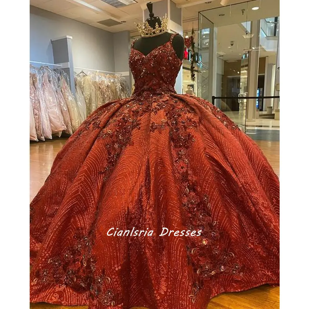 

Темно-красное женское бальное платье, платья для Quinceanera, кружевной корсет без рукавов с цветочной аппликацией для милой вечеринки 15 девушек