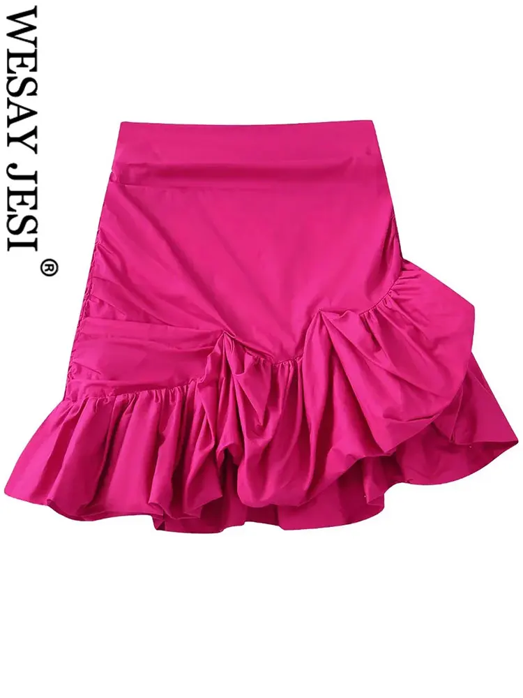 

WESAY JESI Fashion Elegant Solid Color Rose Red Skirt Slim High Waist Zipper Pleated Fluffy Three-dimensional Female Summer Chic