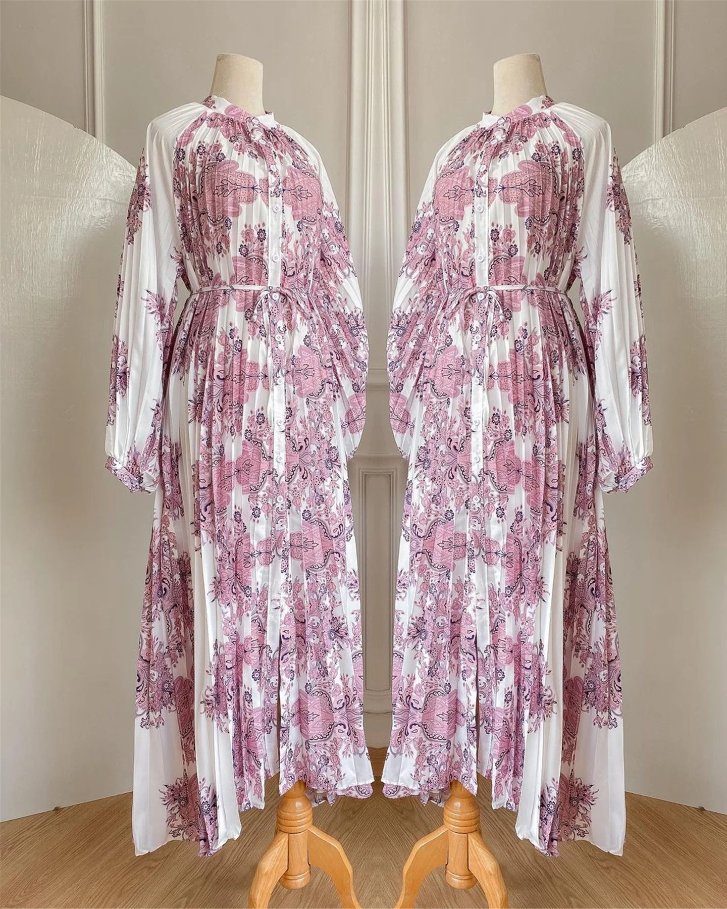 Abaya For Women Printed Long Dress Loose Pleated Lantern Sleeves Casual Robe Dress Islamic Muslin Women Robe Fashion Clothing