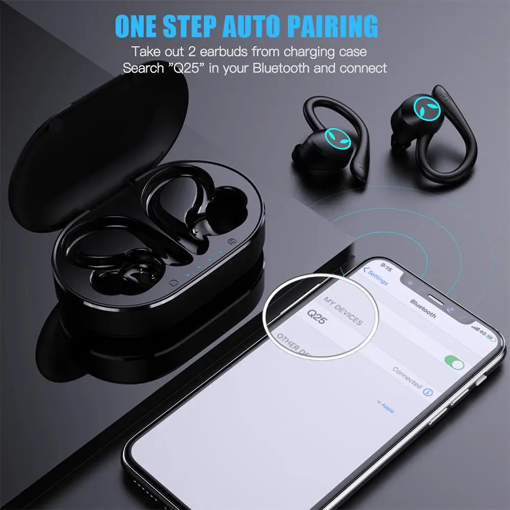 

Беспроводные наушники Q25 Pro с шумоподавлением, Bluetooth-совместимые стереонаушники с басами, спортивные Игровые наушники с заушным крючком