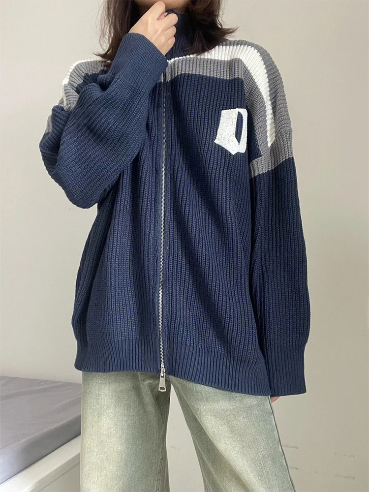 

Contrast Color Vintage Women Loose Knit Cardigan Coat Lapel Zipper 2022 Winter New Sweater Lady Retro Knitwear BF Oversize Chic