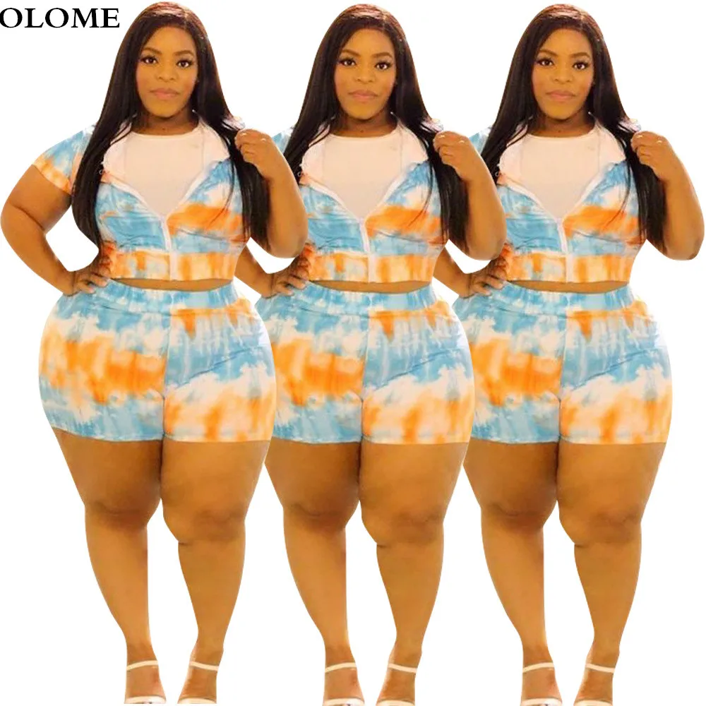 

Summer Tie Dye Printing Two Pieces Casual Tracksuit L--4XL Short Sleeves Hooded Sweatshirt Club Sport Shorts Set