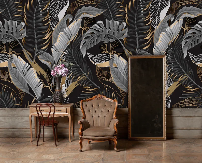 

Wallpaper with black and white tropical leaves and golden elements, peel and stick wall mural, self adhesive, tropical wall deco