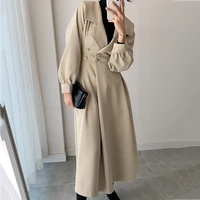 korean chic french temperament suit collar side buttoned waist slimming long sleeves over the knee long windbreaker jacket women