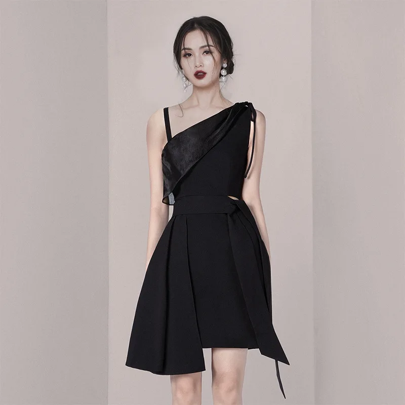 2022 Summer Woman's  Temperament Hepburn Irregular Black Dress