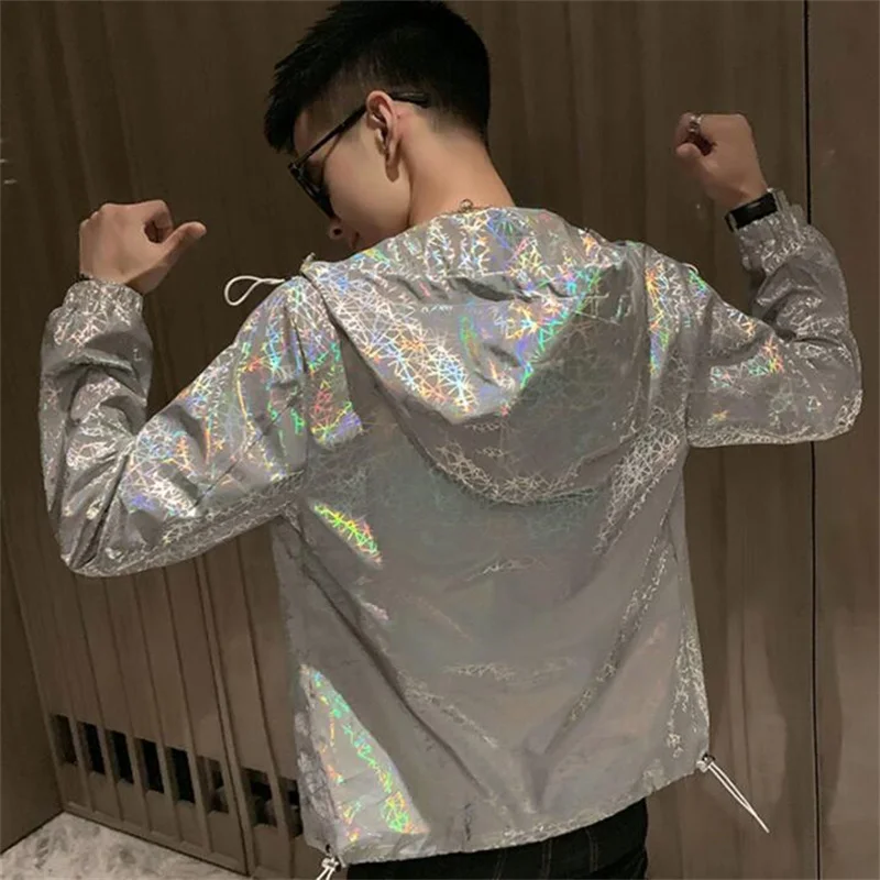 Silver reflective jacket men fashion clothes mens jackets and coats jaqueta masculina chaqueta hombre autumn hooded spring