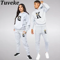 tuveke fashion lover couple sportwear set king queen printed hooded clothes 2pcs set hoodie and pants plus size hoodies women