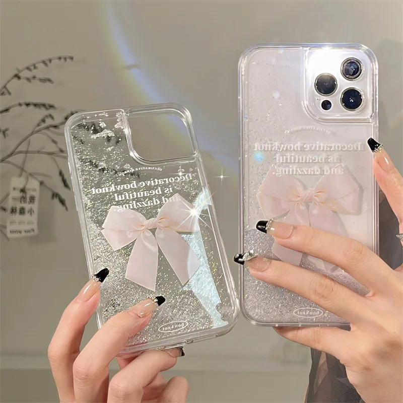 

Transparent Quicksand Pearl Bow Phone Case Cover for IPhone 11 12 13 14 Pro X XR XS Max Shockproof Case for IPhone 14 Cases