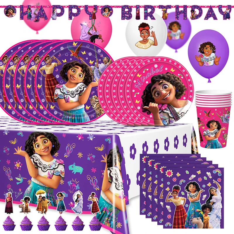 

Encanto Mirabel Party Decorations Happy Birthday Tissue Cutlery Banner Balloons Cake Decorations Kids Girls Birthday Party