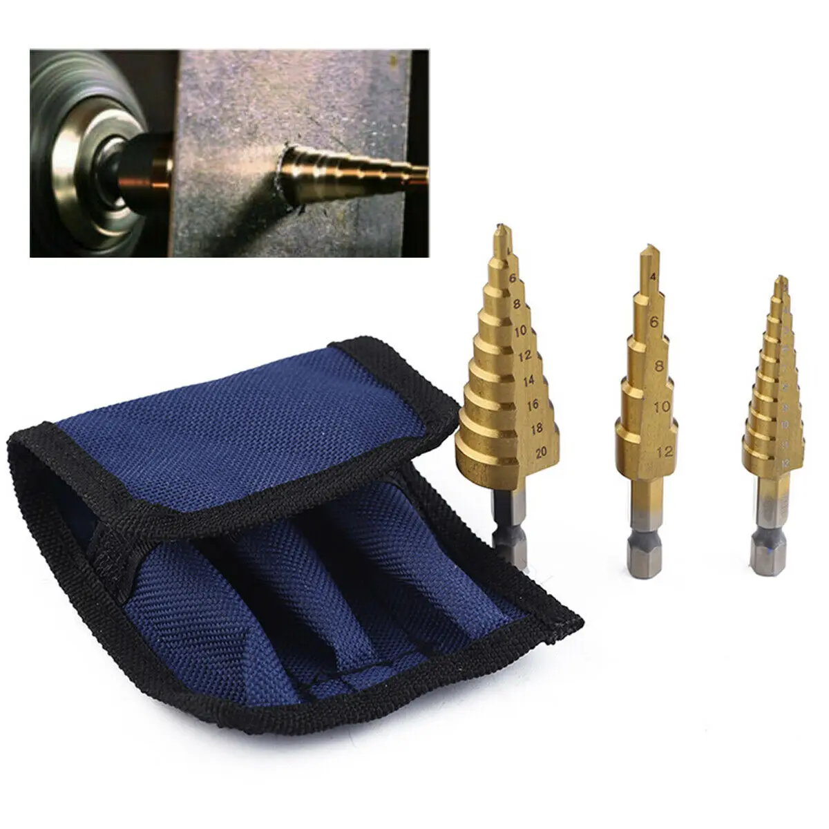 

Yonntech 3pcs HSS Step Cone Drill Titanium Steel Metal Hole Cutter Bit Set 4-20mm + Pouch