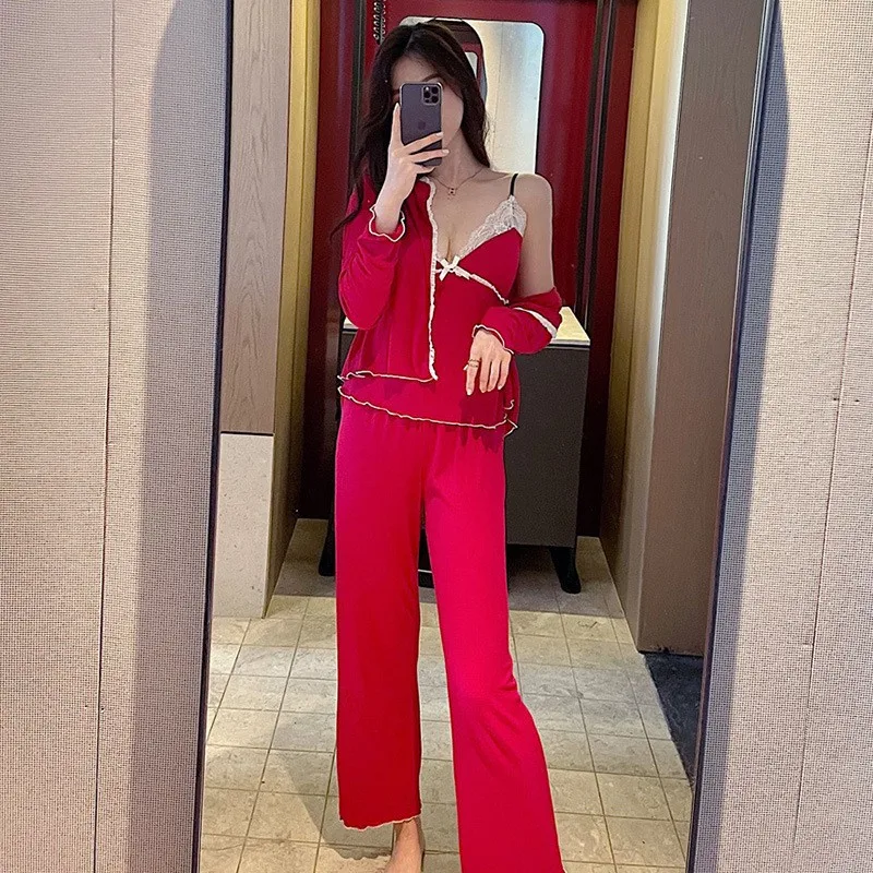 

3PCS Modal Lady Robe Pajamas Sets Sexy Strap Nightwear V-neck Kimono Sleepgown Lace Pyjamas spring Jammies Long Sleeve Homewear