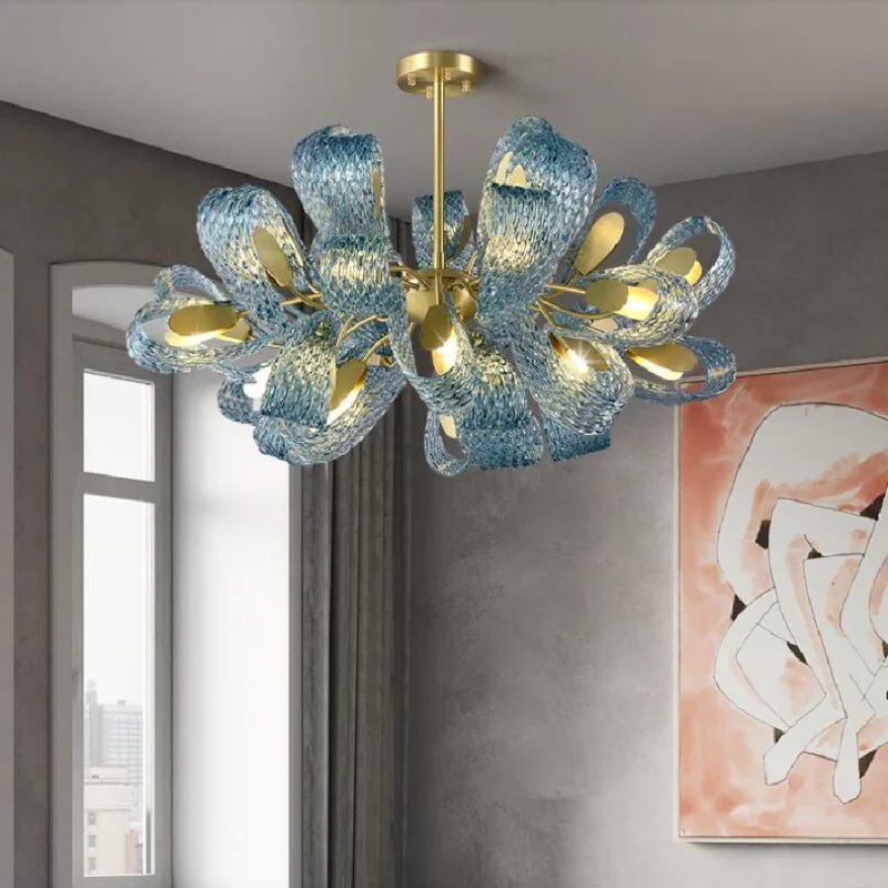 

Luxury crystal living room chandeliers modern LED copper hotel decorative lighting blue glass fixtures Lighting