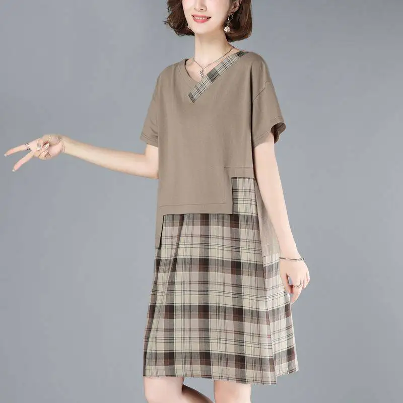 

New Large Fashion Plaid Fake Two-Piece Dress 2022 Summer Short-Sleeved Dress for Woman Dress Vestido De Mujer Femme Robe E173