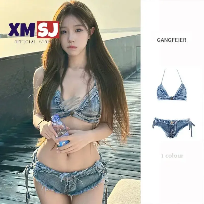 

2023 Spicy Girl Swimsuit Female Sexy Denim Bikini Three Point Split Swimsuit Female Vacation Hot Spring Pure Desire Bikinis Set