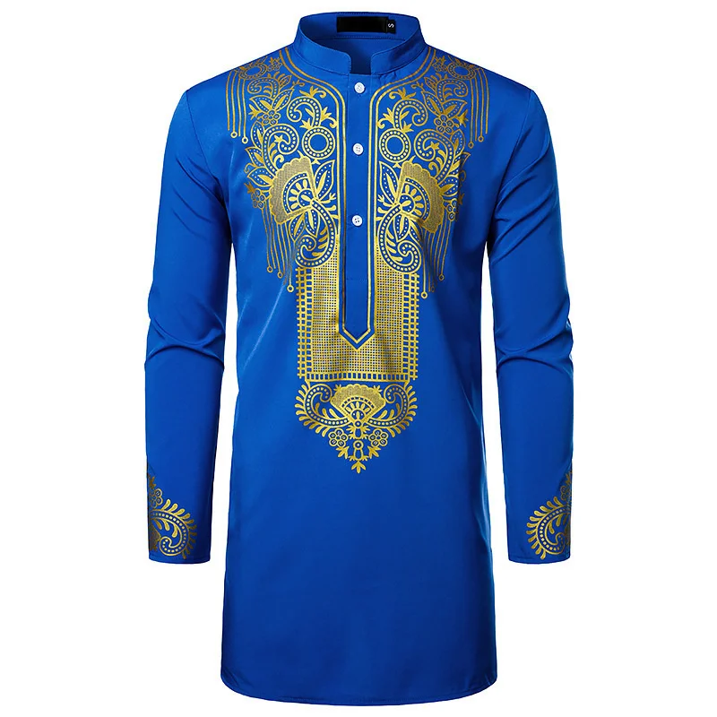 Men's Casual Totem Print Medium Long Sleeve Shirt Style Muslim Men's Stand Collar Shirt