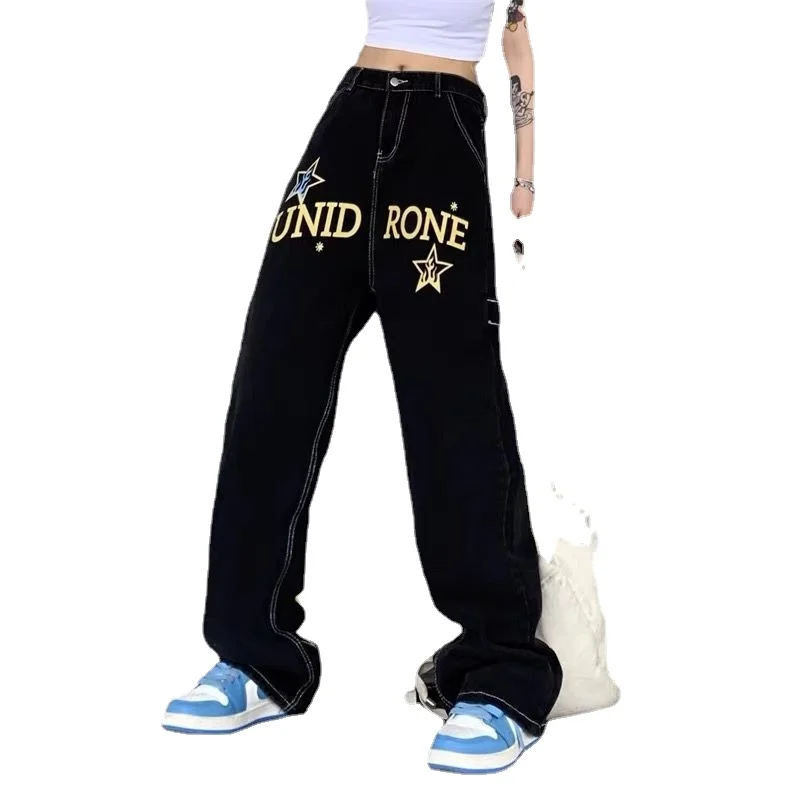 

Letter Print Baggy Jeans Women Clothing High Street Vintage Hip HopHigh Waisted Jeans Casual Straight Wide Leg Jeans Woman Pants