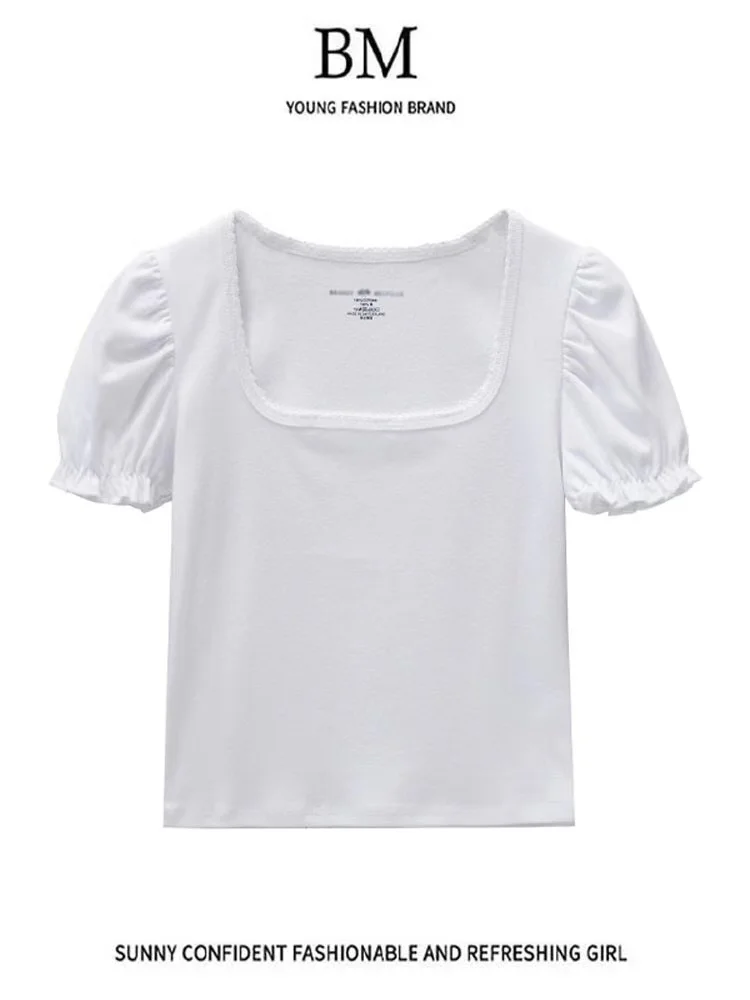 

Brandy summer new style European and American style BM style square neck short-sleeved T-shirt auricle sleeve top female