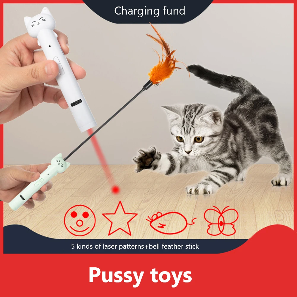 

Cute Cat Wand Toy Feather Laser Kitten Playing Interactive Toys LED Projector 5 Adjustable Patterns USB Rechargeable with Bell