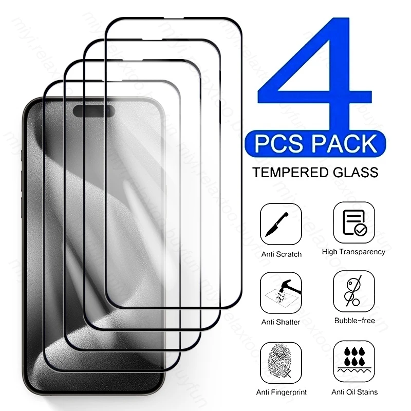

Защитное стекло с полным покрытием для Apple Iphone15 Iphone 15 Pro Max ProMax Plus, 4 шт., закаленное стекло, защитная пленка для экрана телефона 9H