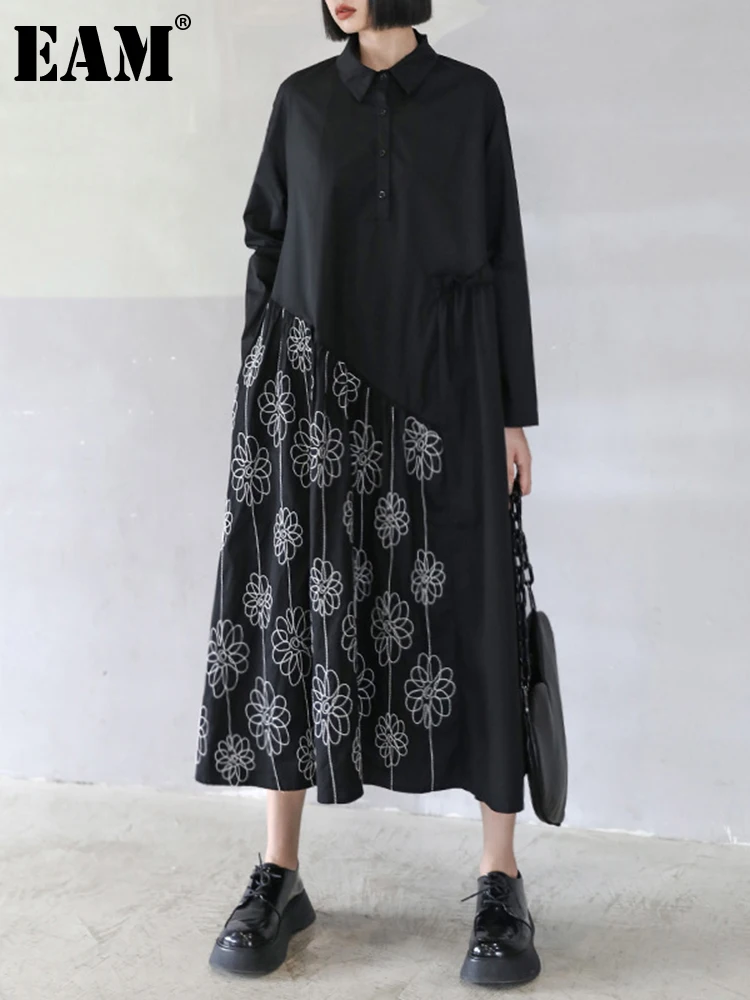 

[EAM] Women Black Embroidery Big Size Long Shirt Dress New Lapel Long Sleeve Loose Fit Fashion Tide Spring Autumn 2022 1DE1705