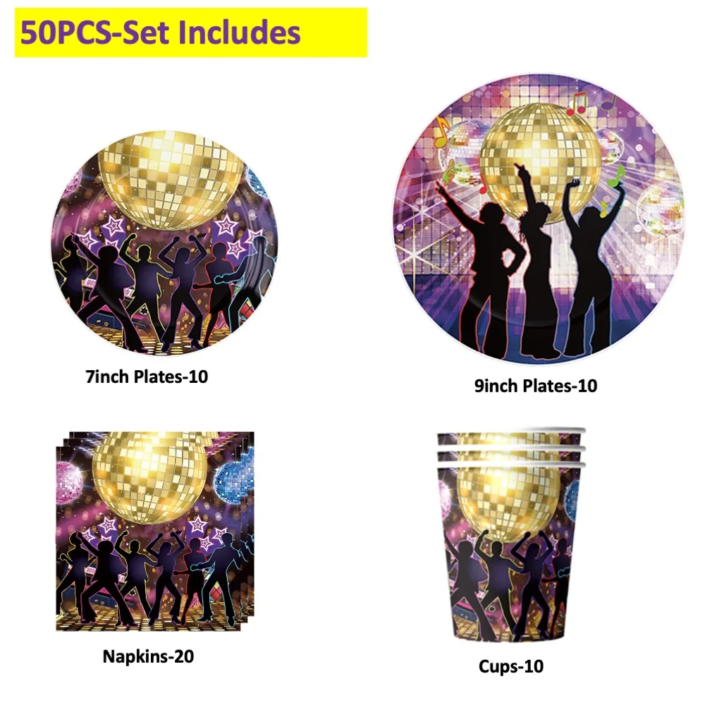 

Disco 50 PCS Set 7inch Plates Cups Napkin For Birthday Babyshower Wedding Childrens Day Dinner Gathering School Day Celebrations