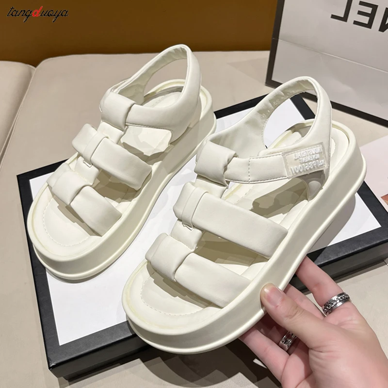 

Low Sandals Woman Leather Strappy Heels Cross Female Shoe 2023 Summer Muffins shoe Low-heeled Outside Elastic Band Girls Clogs