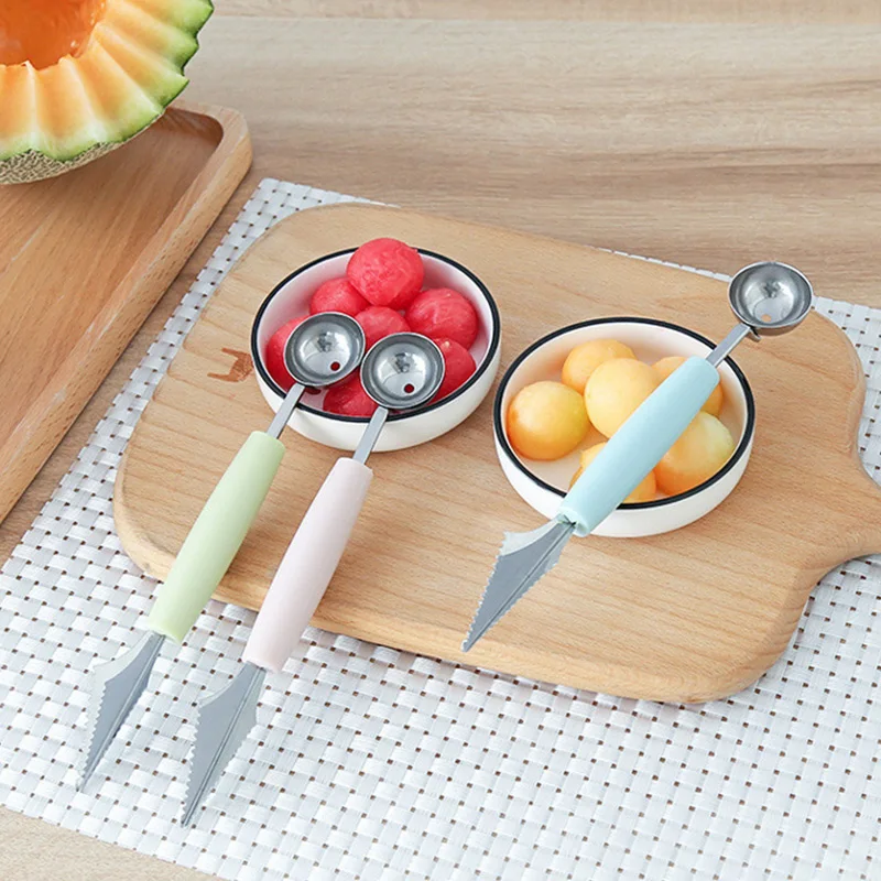 

2 in 1 Double Stainless Steel Melon Baller Kitchen Cut Watermelon Carving Knife Fruit Digging Spoon Platter Spoon kitchen Tools