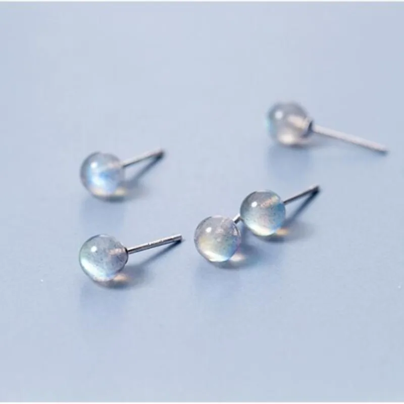 925 Sterling Silver Moonstone Round Bead Pircing Stud Earrings Women Wedding Party Jewelry Gift b055