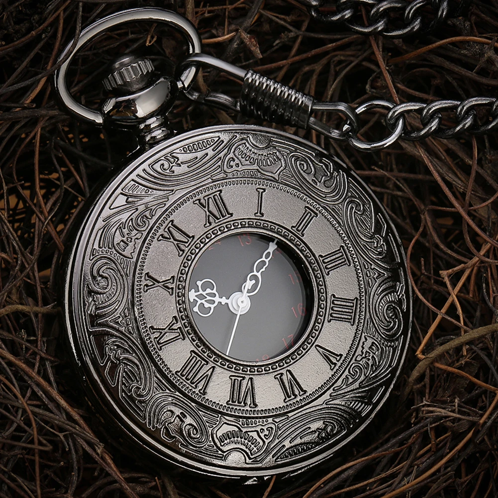 Черные римские цифры кварцевые карманные часы для мужчин и женщин с открытым корпусом в стиле стимпанк и винтажным подвесным ожерельем - лучший подарок для он.