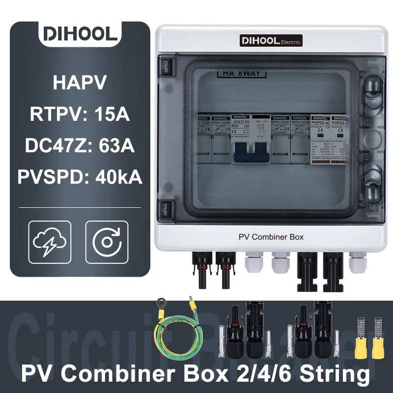 

PV Combiner Box 2 Strings 4 Strings 6 Strings 1 Out With Off Grid Solar Energy DC Circuit Breaker DC SPD FUSE IP65 Waterproof