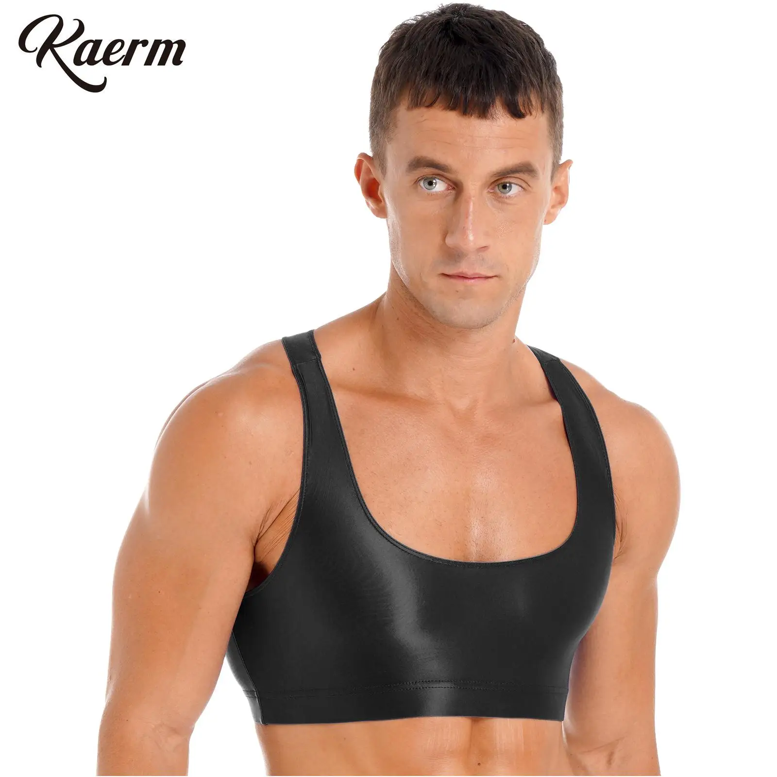 

Sexy Muscle Man Glossy Racer Back Half Top Sleeveless Vest T-Shirts Sports Bra Crop Top Gym Camis Club Dancewear Swimsuit