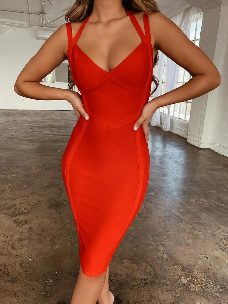 

Elagant Sexy Red Bandage Dress for Women 2022 Summer Straps V Neck Evening Party Dresses Bodycon Club Outfits Fashion Midi