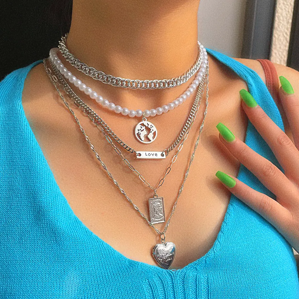 

Multilayer Punk World Map Portrait Pearl Choker Necklace For Women Silver Color Heart Pendant Metal Chain Necklaces New Jewelry